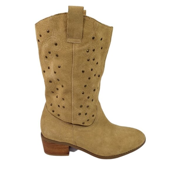 Twiggy London Tan Suede Western Studded Boots Women’s Size 8.5 M Festival Boho - Picture 1 of 11